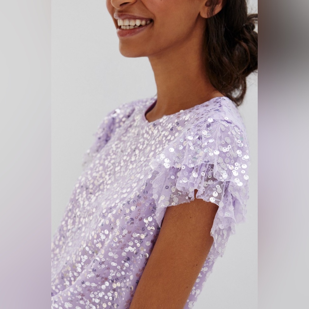 Anthropologie Pamela Sequin Blouse small short sleeve lilac glitter sparkle - Picture 2 of 6